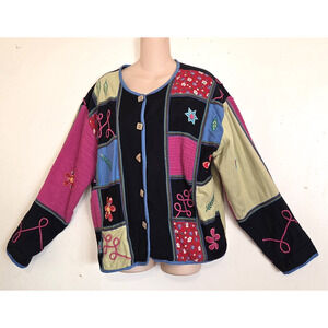 Sara Studio Plus Patchwork Jacket Top 1X Linen Blend Boho Festival Lined Artsy